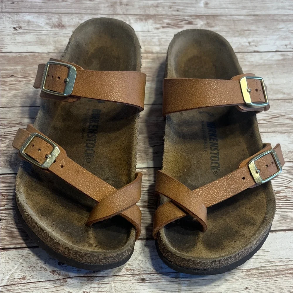 Birkenstock Brown Leather Sandals with Gold Buckles